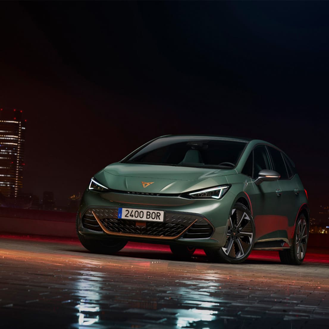 Side of CUPRA DarkRebel car in a dark and stormy setting. 