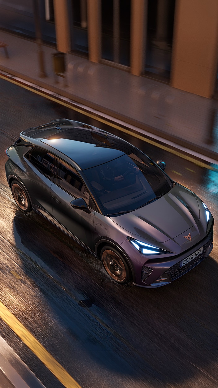 CUPRA Tindaya, a  futuristic car with aggressive design and the distinctive Cupra logo on the hood are key identifiers.