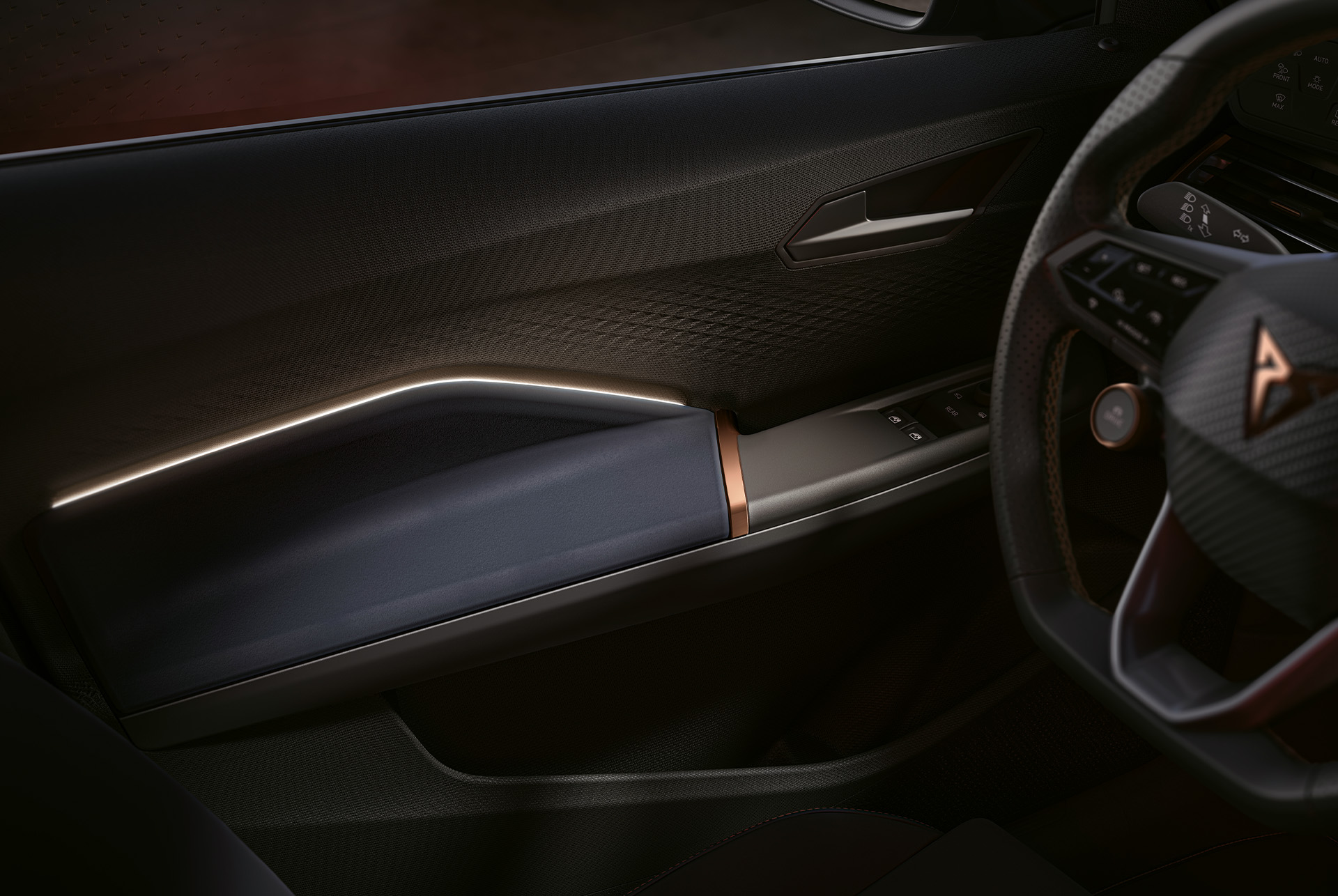 CUPRA Born interior view of the steering wheel and multicolour ambient lighting