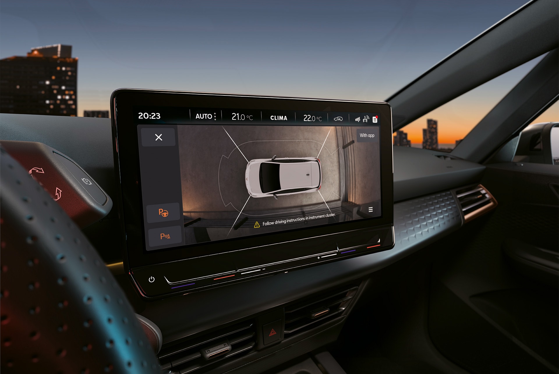 Kameraansicht von oben des 12.9″-Infotainment-Online-Bildschirms des CUPRA Born