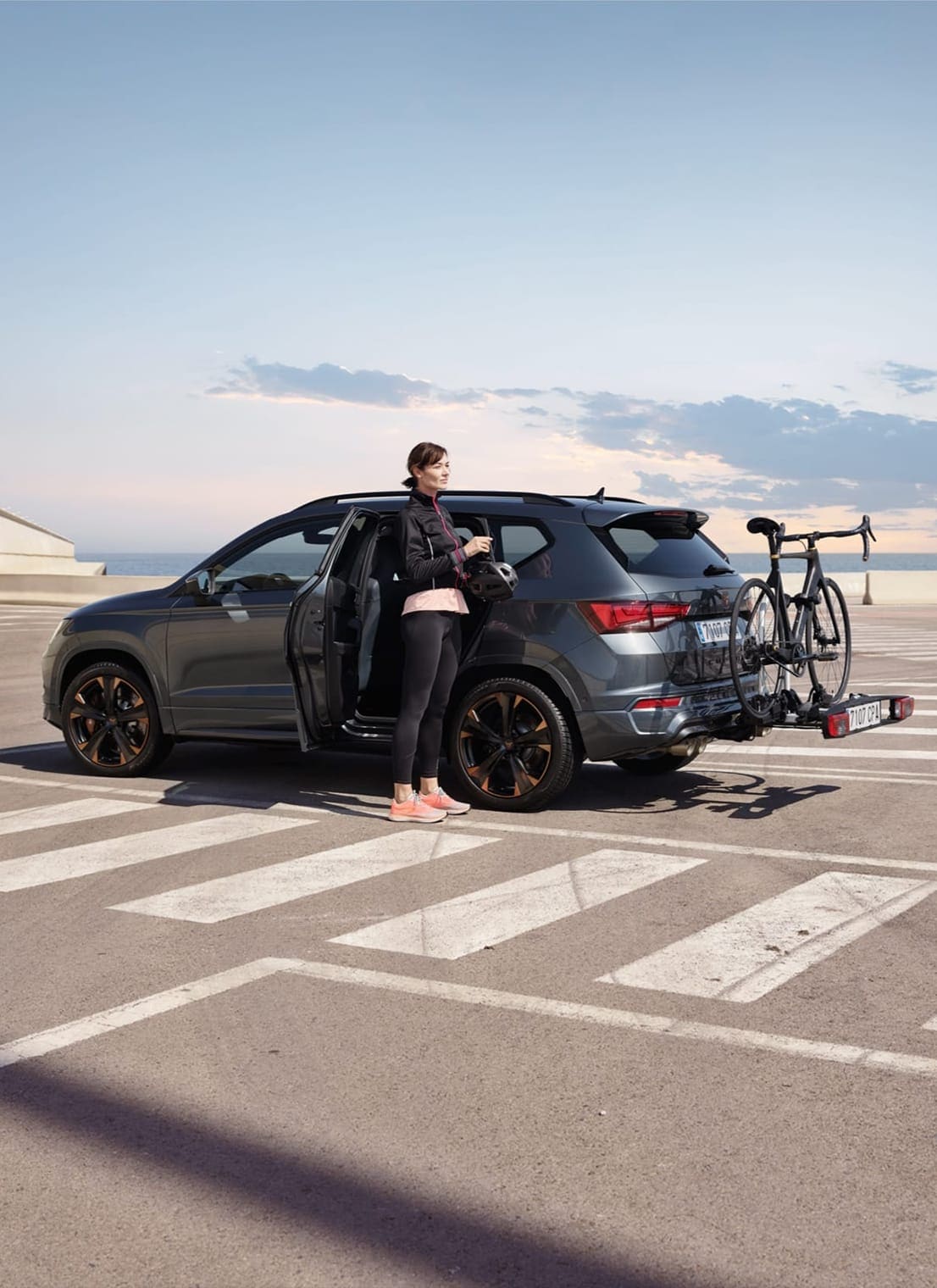 CUPRA Ateca rodium grey colour with towing bike rack accessory