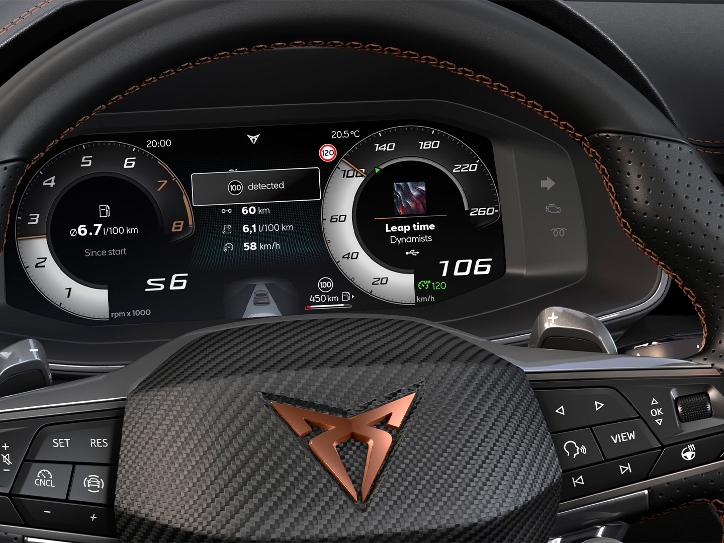 Gros plan sur l’affichage dynamique de la CUPRA Formentor 2025, logo cuivré, Adaptive Cruise Control, système pré-collision et maintien de la trajectoire. Comprend l’Intelligent Park Assist, l’alerte somnolence, le Side Assist, le limiteur de vitesse et une caméra Top View.   