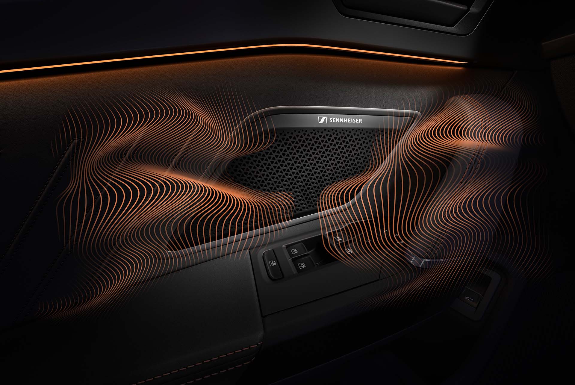 Interieur des neuen CUPRA Formentor 2024, Sennheiser™-Lautsprecher, Klangwellen und Ambiente-Beleuchtung.