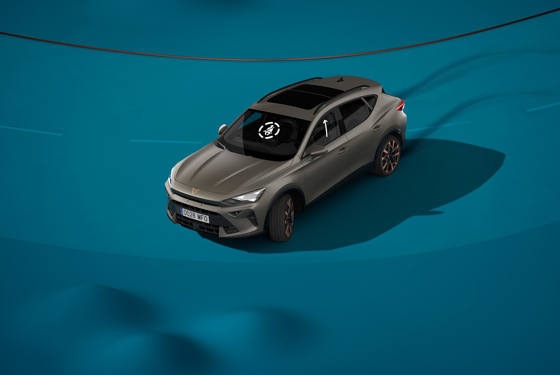 Demo des Pre-Crash-Systems des neuen CUPRA Formentor 2024, blauer Hintergrund.