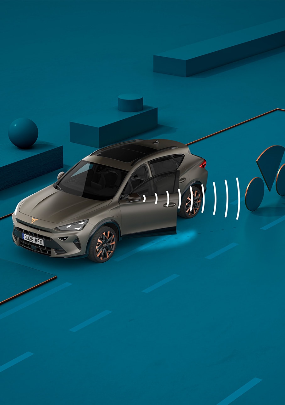 So nutzen Sie das Ausstiegswarnsystem des neuen CUPRA Formentor 2024, Visualisierung mit Formen und blauem Hintergrund. 