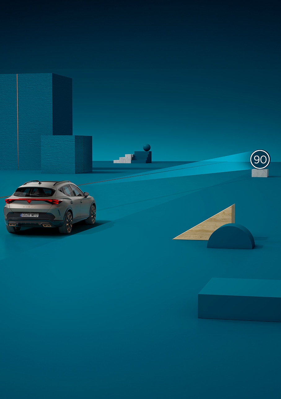 Demo der Verkehrszeichenerkennung des neuen CUPRA Formentor 2024, blauer Hintergrund.
