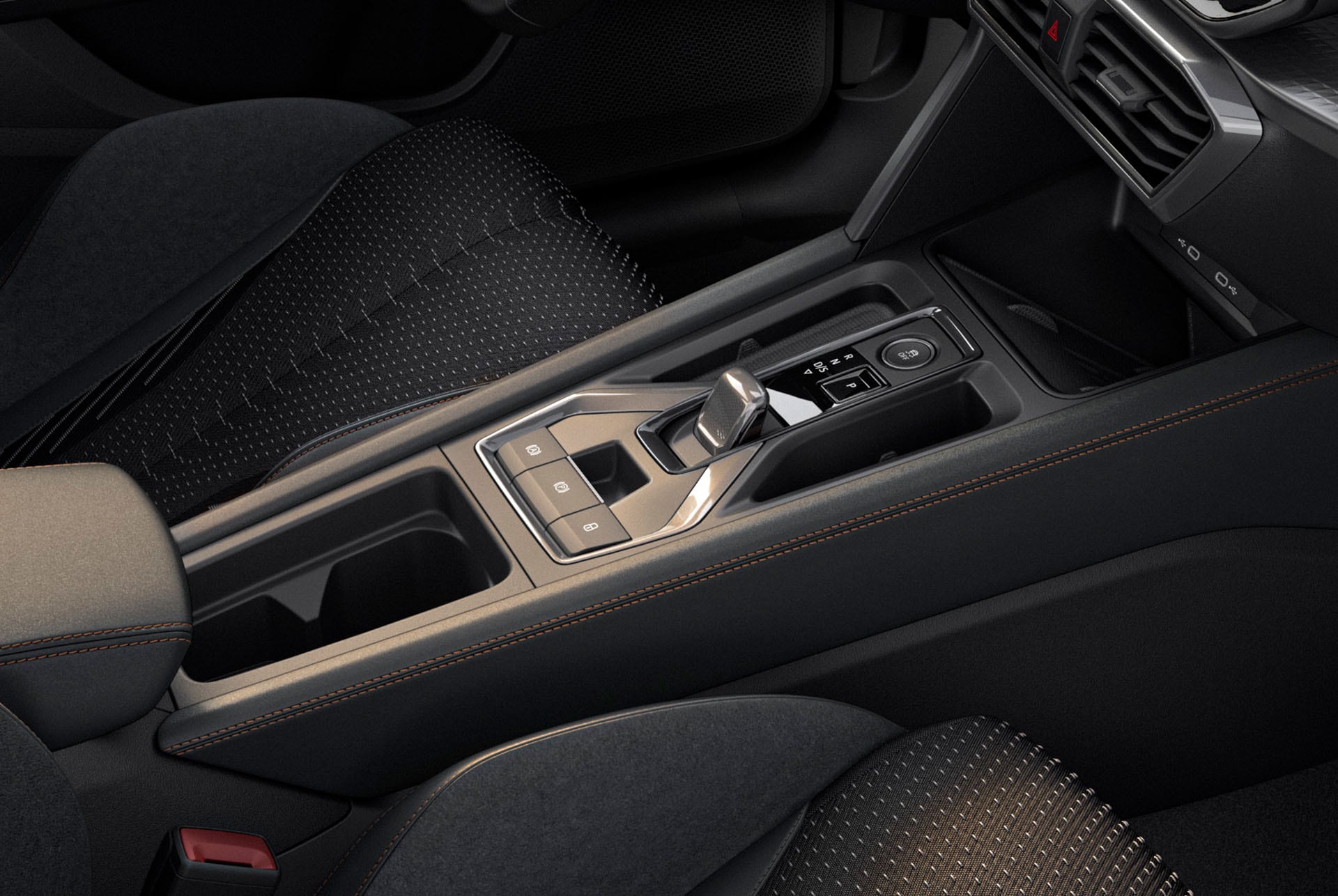 Nahaufnahme der Mittelkonsole in einem neuen CUPRA Formentor 2024; Innendesign.