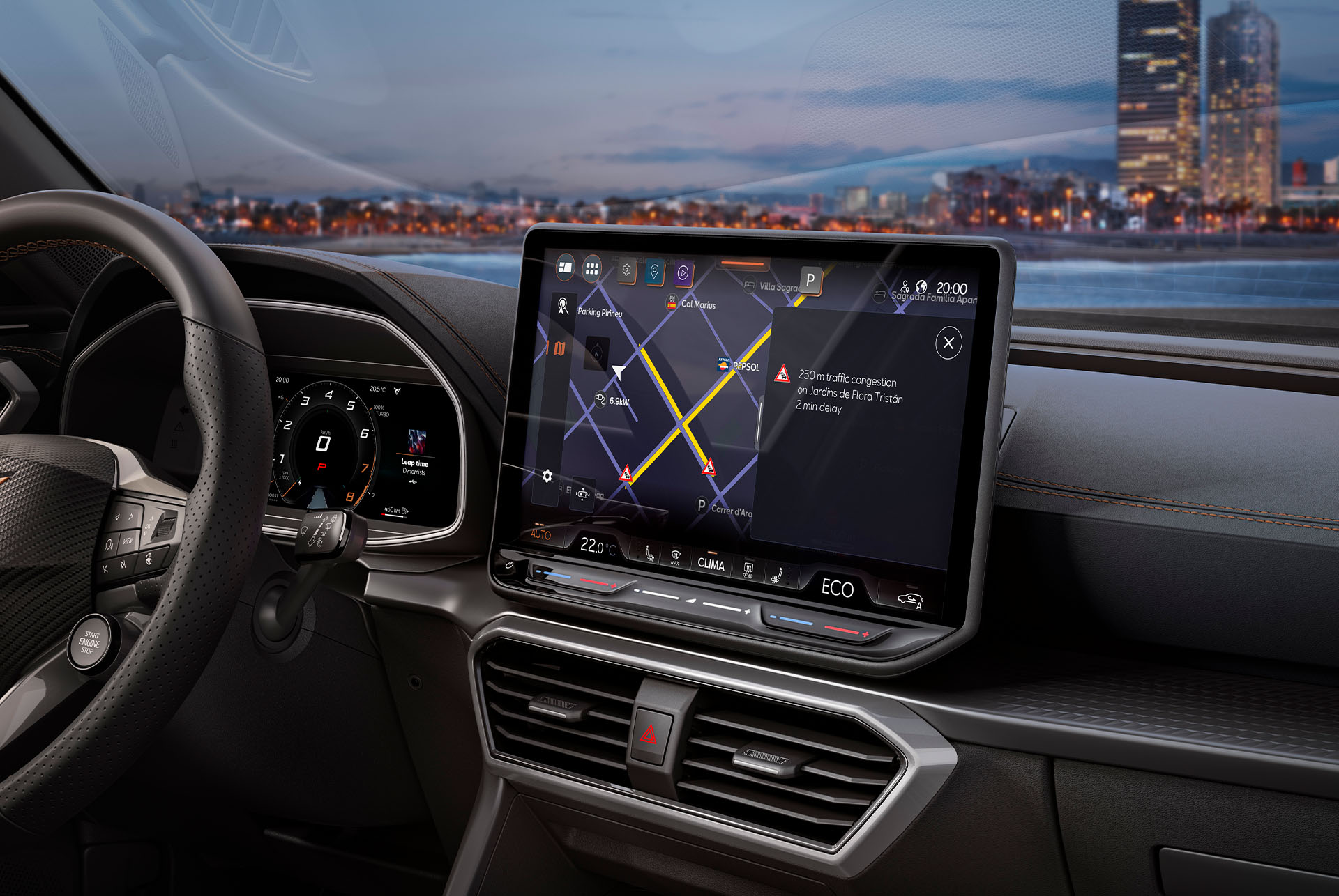 gros plan de l'intérieur de la nouvelle cupra formentor 2024, du système d'infodivertissement, du tableau de bord, des bouches d'aération et des roues.