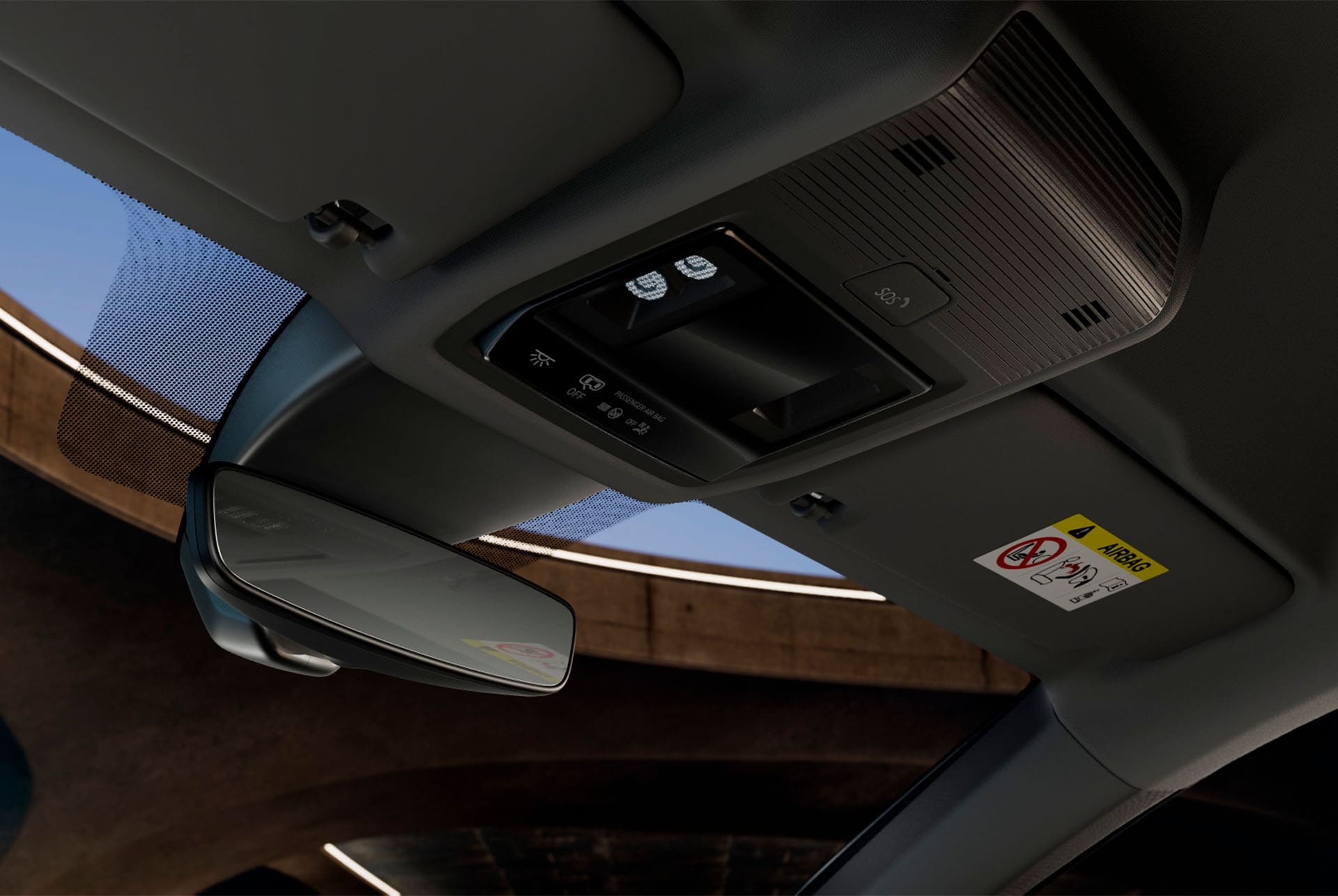  Innenansicht eines neuen CUPRA Formentor 2024 mit Overhead-Konsole mit Klappspiegel, LED-Innenraumbeleuchtung, verschiedene Steuerungen und CUPRA Connect-Funktionen einschliesslich SOS-Notrufknopf.