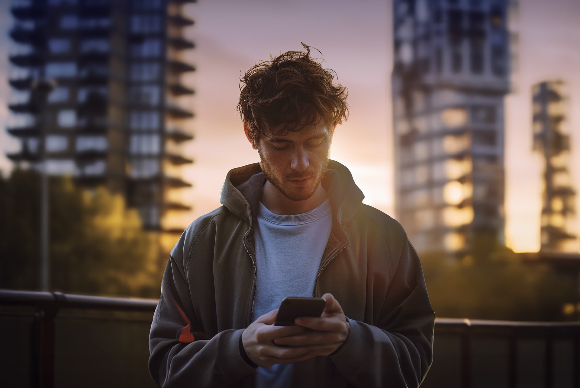 Un homme tient son téléphone à la main et accède à l’application My Cupra au coucher du soleil