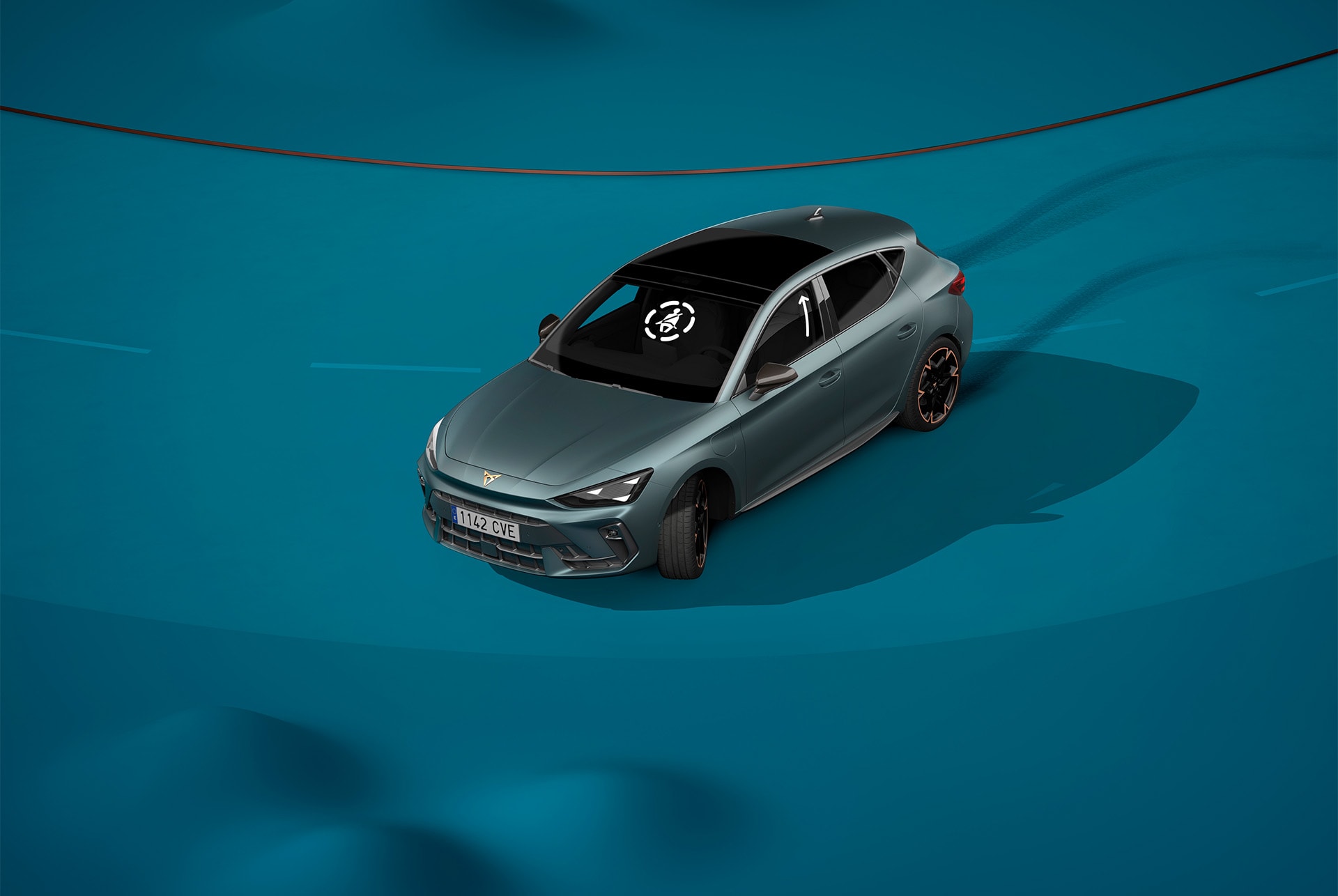 Neuer CUPRA Leon 2024, neue Pre-Crash-Sicherheitstechnologie, blauer Hintergrund und visuelle Demo