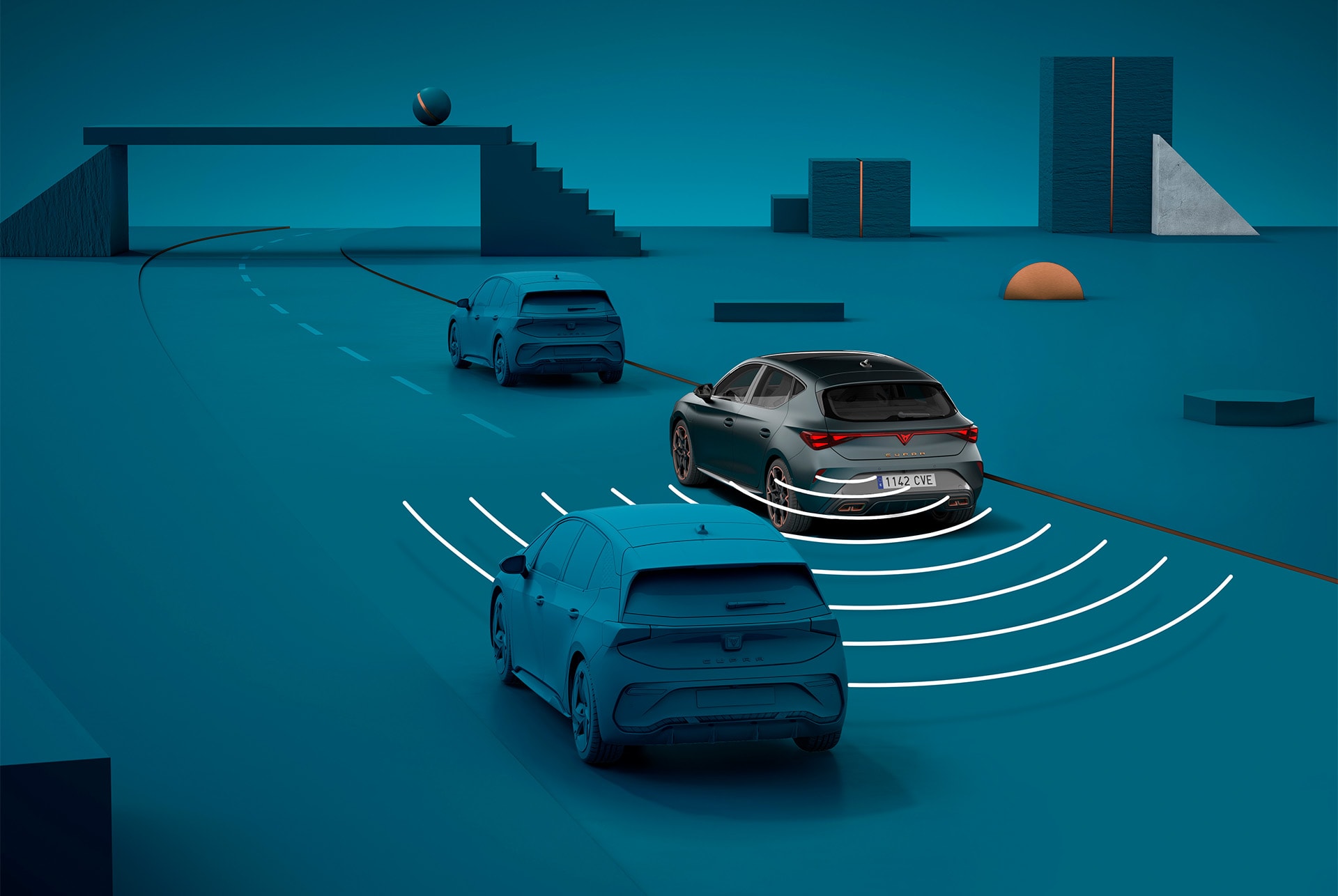 So nutzen Sie das Ausstiegswarnsystem des neuen CUPRA Leon 2024, Visualisierung mit Formen und blauem Hintergrund