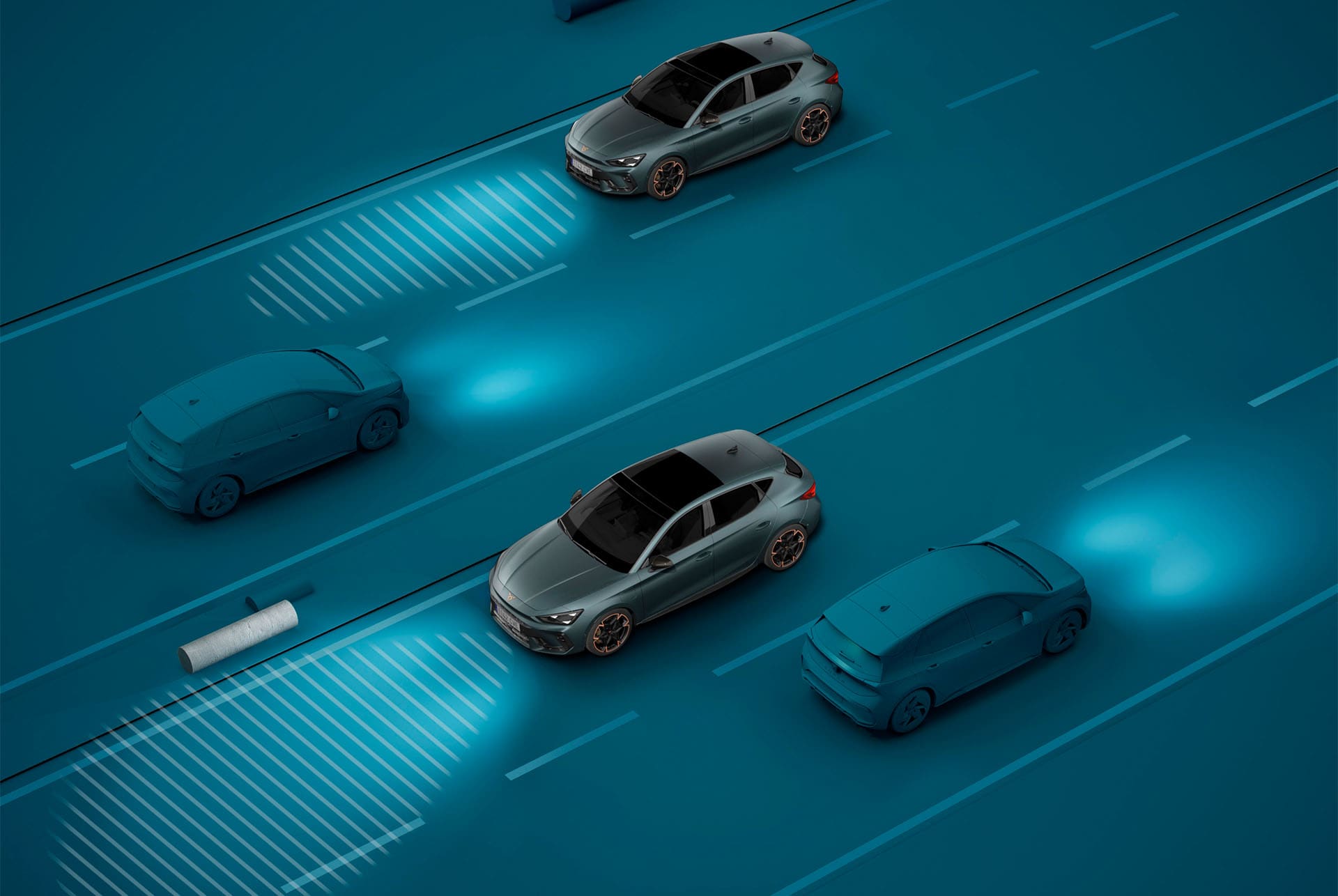 Nutzung der Lichtassistent-Technologie des neuen CUPRA Leon 2024, Demo, blauer Hintergrund