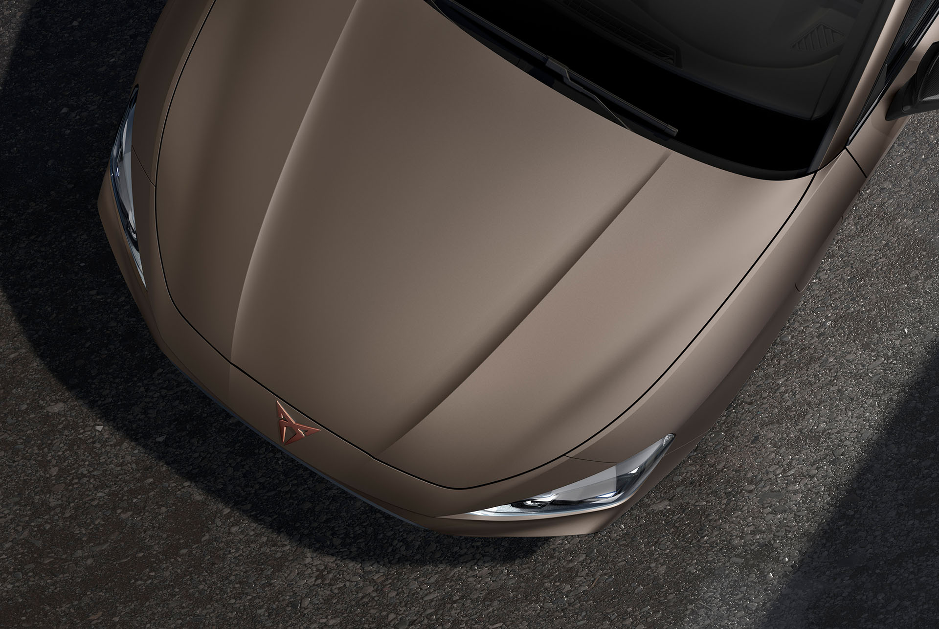 Draufsicht auf die Motorhaube des neuen CUPRA Leon 2024 in Century Bronze Matt 