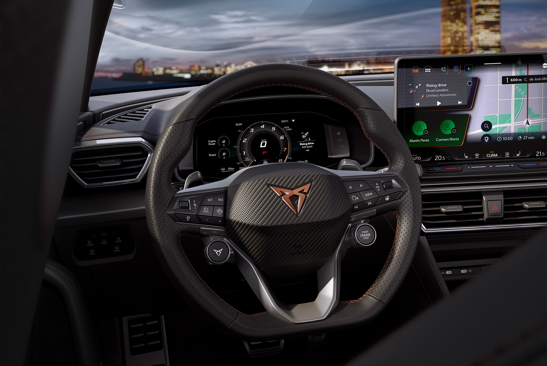 Neuer CUPRA Leon 2024, Lenkrad mit integrierten Tasten, moderne Assistenzsysteme für mehr Sicherheit, Geschwindigkeitsregelanlage mit Distanzkontrolle ACC, Spurhalteassistent und dynamischer Echtzeit-Verkehrszeichenanzeige.