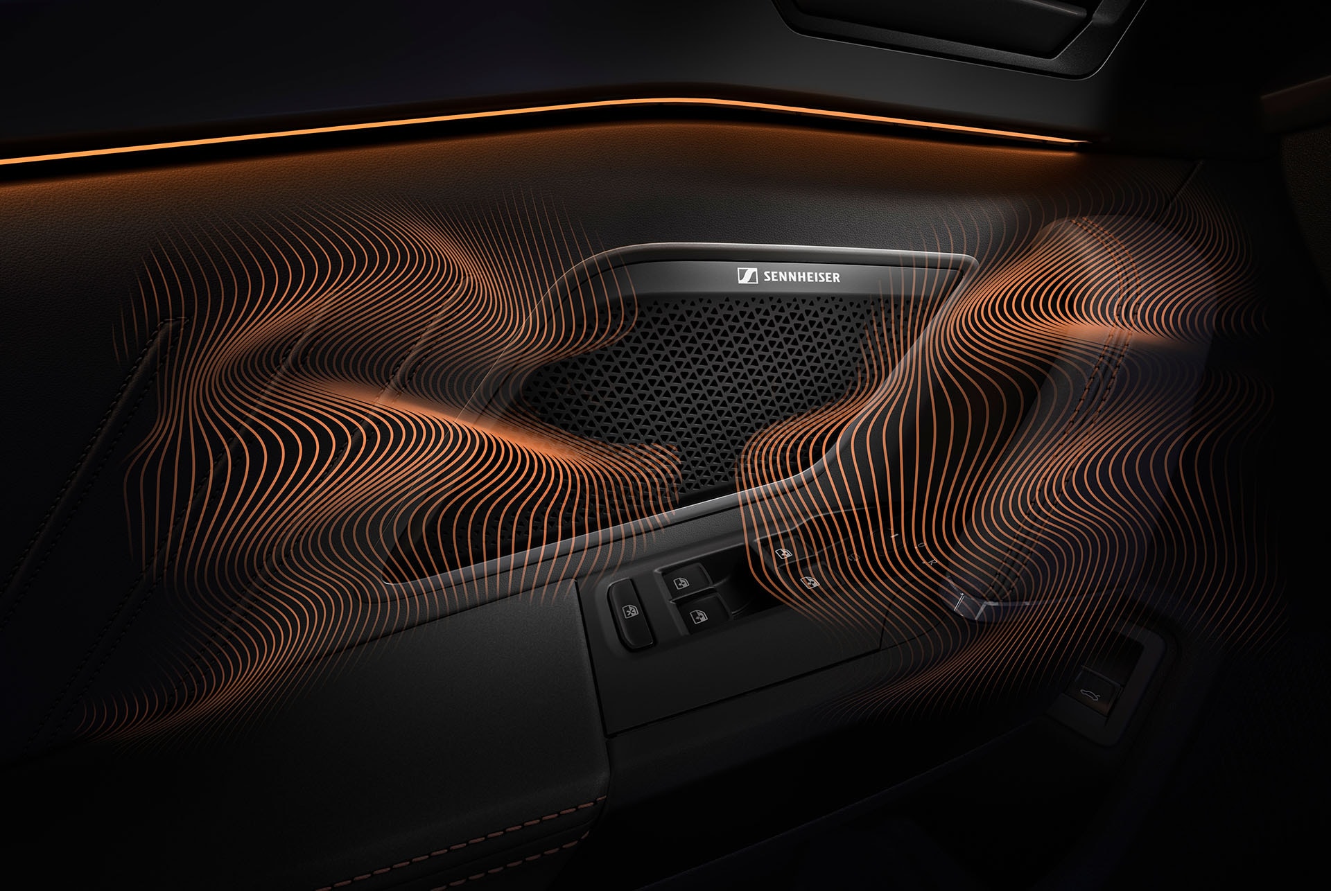 Neuer CUPRA Leon 2024, Immersive by Sennheiser™ als Option, Nahaufnahme eines Sennheiser™-Lautsprechers in der Türverkleidung eines CUPRA Leon 2024, Schallwellen und Ambient-Beleuchtung.