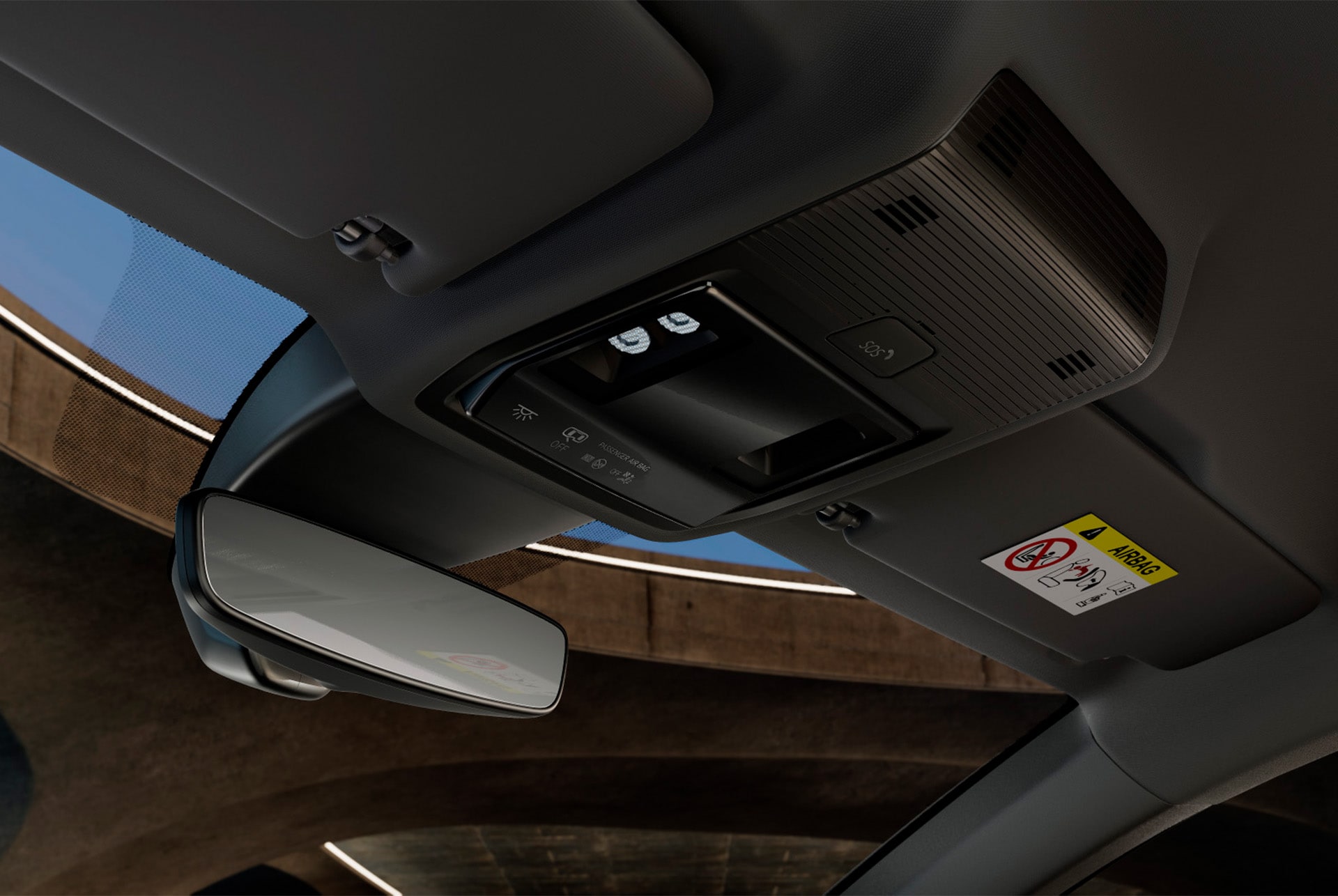 Innenansicht eines neuen CUPRA Leon 2024 mit Overhead-Konsole mit Klappspiegel, LED-Innenraumbeleuchtung, verschiedene Steuerungen und CUPRA Connect-Funktionen einschliesslich SOS-Notrufknopf.