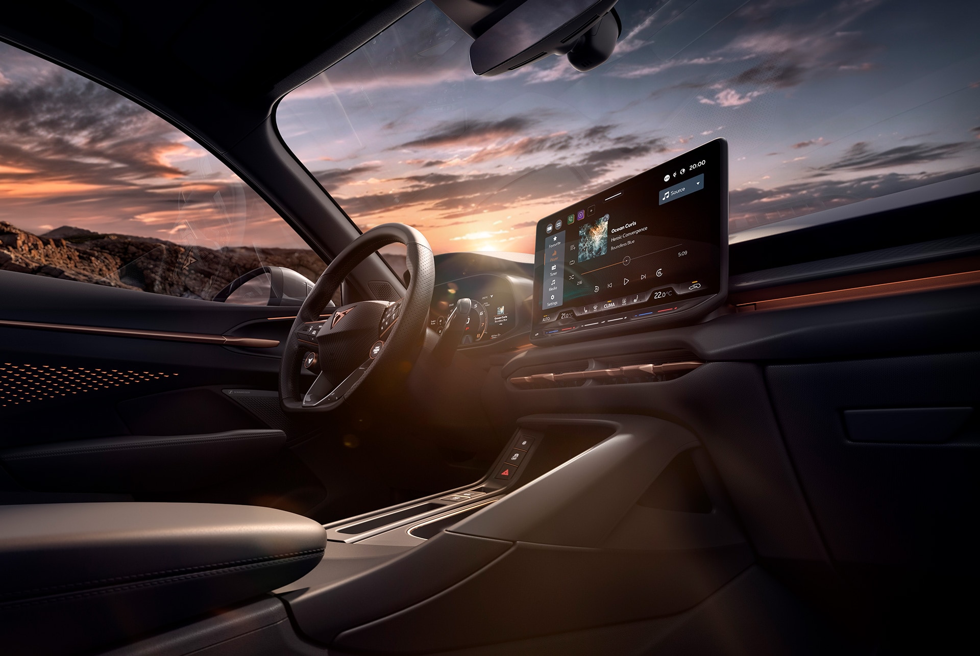 Technologie d’intérieur de la nouvelle CUPRA Terramar avec système d’info-divertissement de 12.9", volant chauffant à touches intégrées et console centrale. Vue du tableau de bord. 