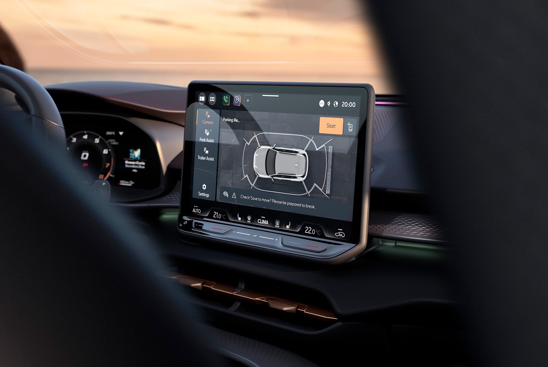 Système d’info-divertissement de la CUPRA Terramar, accent sur la fonction caméra Top View sur l’écran tactile de 12.9".
