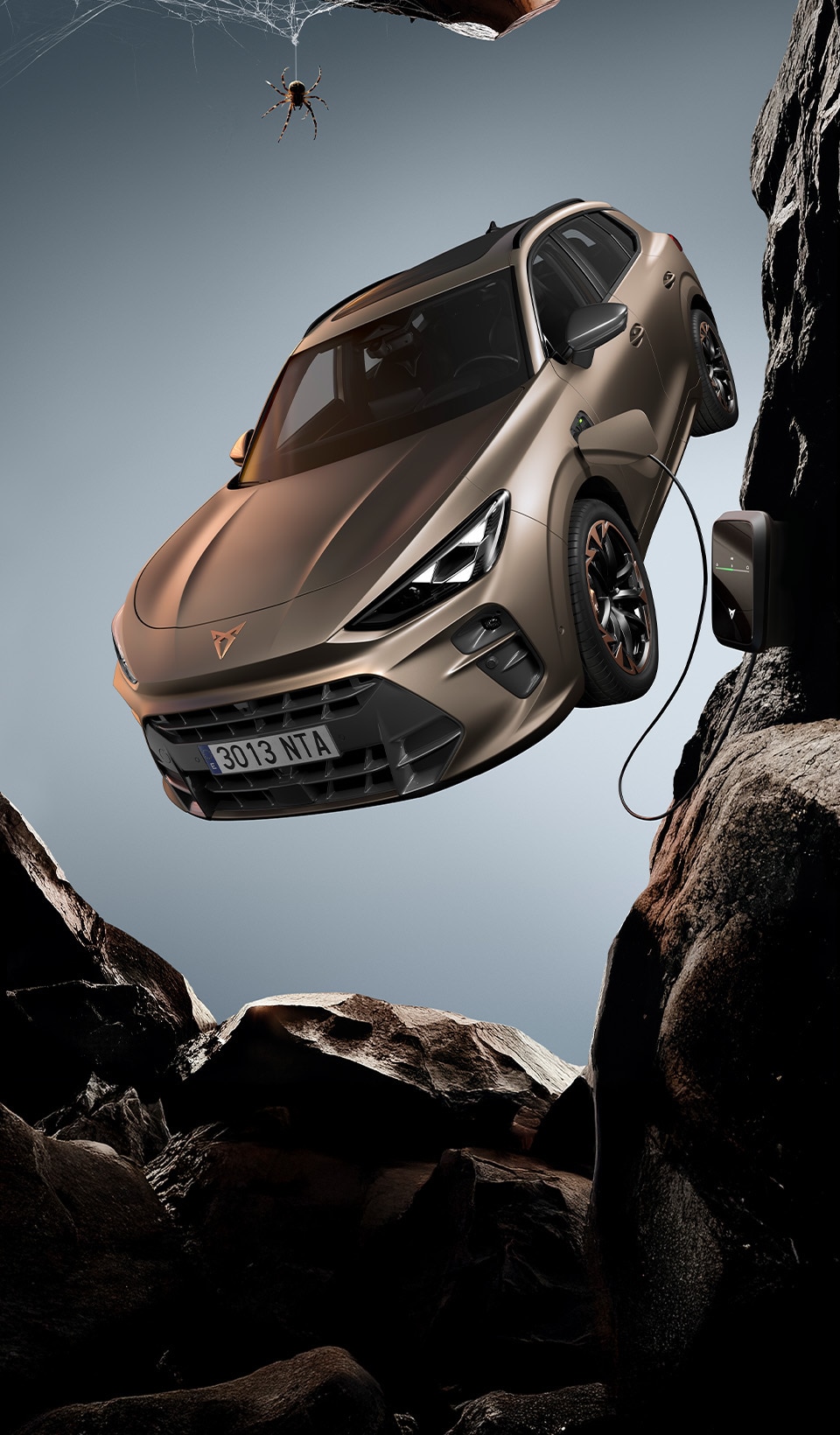 A CUPRA Terramar SUV shown from a high angle, appearing to be in motion with a red light streak extending from its side to a person lying horizontally in the air next to it.