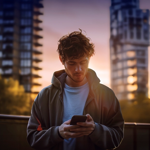 Ein junger Mann schaut auf sein Handy und bedient die CUPRA Connect App. Im Hintergrund geht die Sonne unter.