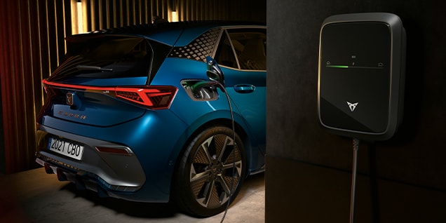CUPRA Born Autoaufladung in einer modernen Garage mit einem schlanken Wandladegerät für Elektrofahrzeuge